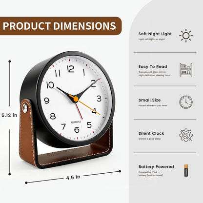 Analog Alarm Clock - 4.5" Silent Non Ticking Small Clock with Light, Rotatable Stand Metal Desk Clock Battery Operated, Simple Design for Living Room Decor/ Bedroom/Bedside/Shelf (Black & White)