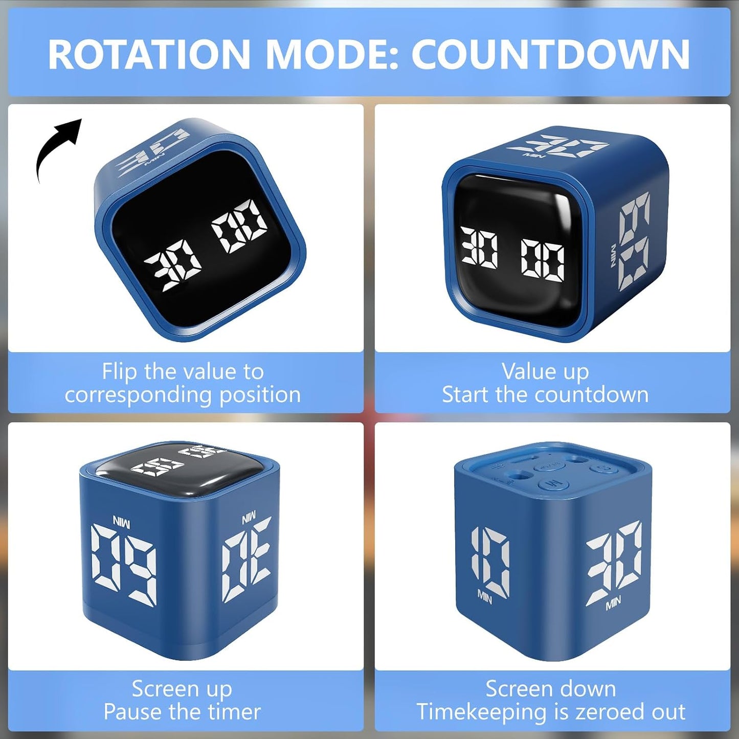 GuDoQi Multi-Function Cube Timer, 5/10/30/60 Min & Custom Count Down, Included Pause & Resume Feature, Silent, Vibrate & Adjustable Sound Alarm for Productivity in Tasks, Study & Kitchen, Purple