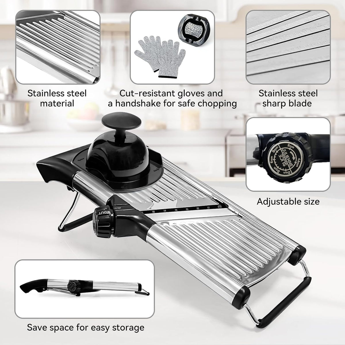 Mandoline Slicer, Adjustable Stainless Steel Slicer, Food Holder and Gloves