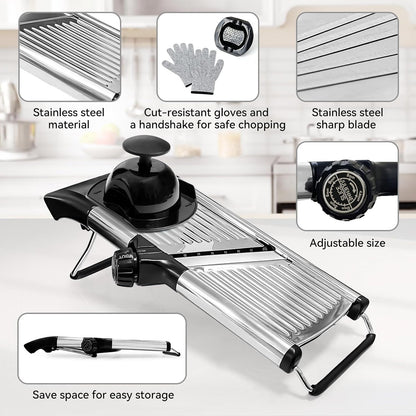 Mandoline Slicer, Adjustable Stainless Steel Slicer, Food Holder and Gloves