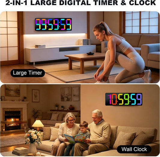 TXL 17.2" Bluetooth Digital Wall Clock with Seconds, Large Countdown Timer for Classroom Home Gym Kitchen Office, Alarm Clock with Remote Control, 4 Dimmable Brightness, Auto DST (RGB)