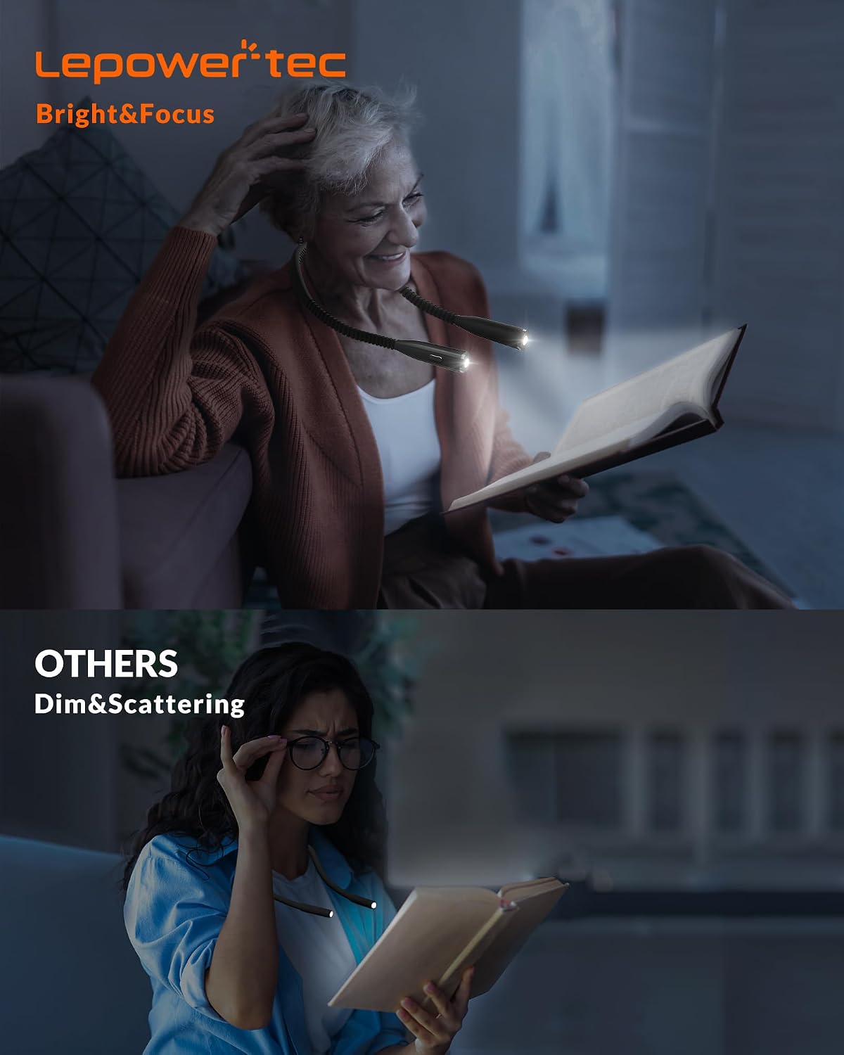 LEPOWER Reading Neck Light, 3-Color & 5-Brightness, Book Light for Reading in Bed, Rechargeable Lamp with Comfortable Silicone Arm, Eye-Caring Neck Lamp for Reading, Knitting, Crafting