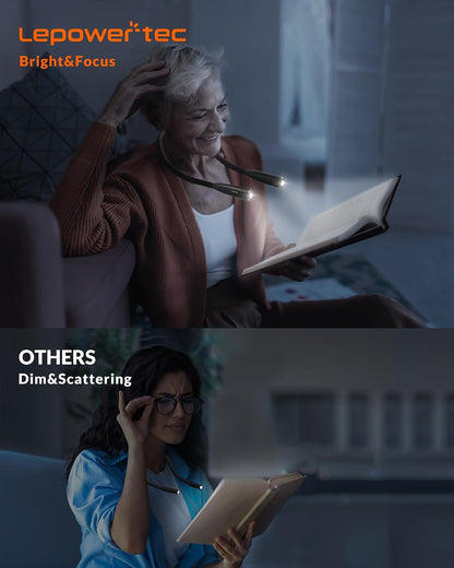 LEPOWER Reading Neck Light, 3-Color & 5-Brightness, Book Light for Reading in Bed, Rechargeable Lamp with Comfortable Silicone Arm, Eye-Caring Neck Lamp for Reading, Knitting, Crafting
