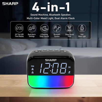 Sharp RGB Alarm Clock with Bluetooth Speaker, Sleep Sounds, Night Light | 9 color modes, 2 wake times, 15-60 min timer, 4-step dimmer, white LED display, bedroom, dorm, office, kids room, bedside use