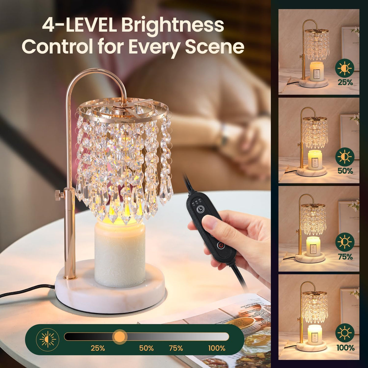 Candle Warmer Lamp with Timer Dimmer，2H/4H/8H Timer , Lamp Candle Warmer with Marble Base for Adjustable Height, Crystal Wax Melt Warmer for Jar Candles, House Warming Decor Gifts Mothers Day Gifts
