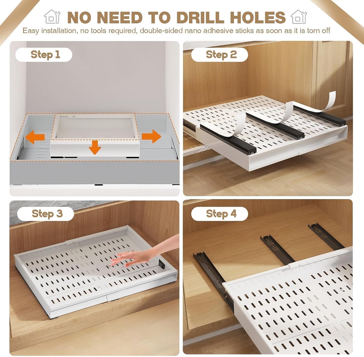 Seinloes Pull Out Cabinet Organizer, 4-Side Expandable to Fit Most Cabinets, 3 Rail Slide Out Drawers with Raising Pad for Framed & Frameless Cabinets, 13"-21" W x 17"-24" D, White, 2 Pack