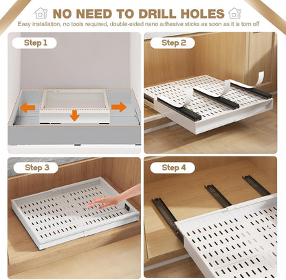 Seinloes Pull Out Cabinet Organizer, 4-Side Expandable to Fit Most Cabinets, 3 Rail Slide Out Drawers with Raising Pad for Framed & Frameless Cabinets, 13"-21" W x 17"-24" D, White, 2 Pack