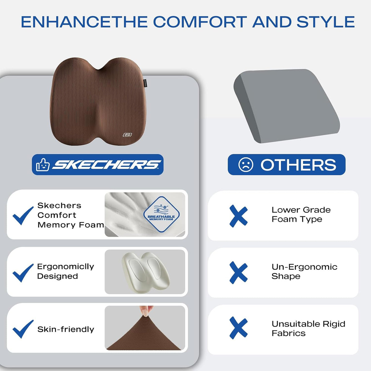 Skechers Seat Cushion, Ergonomic Memory Foam Cushion for Long Sitting Hours on Office & Home Chair, Car Seat Cushion for Sciatica, Coccyx Cushion,Brown