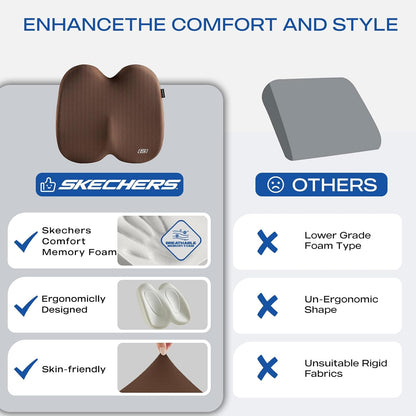 Skechers Seat Cushion, Ergonomic Memory Foam Cushion for Long Sitting Hours on Office & Home Chair, Car Seat Cushion for Sciatica, Coccyx Cushion,Brown