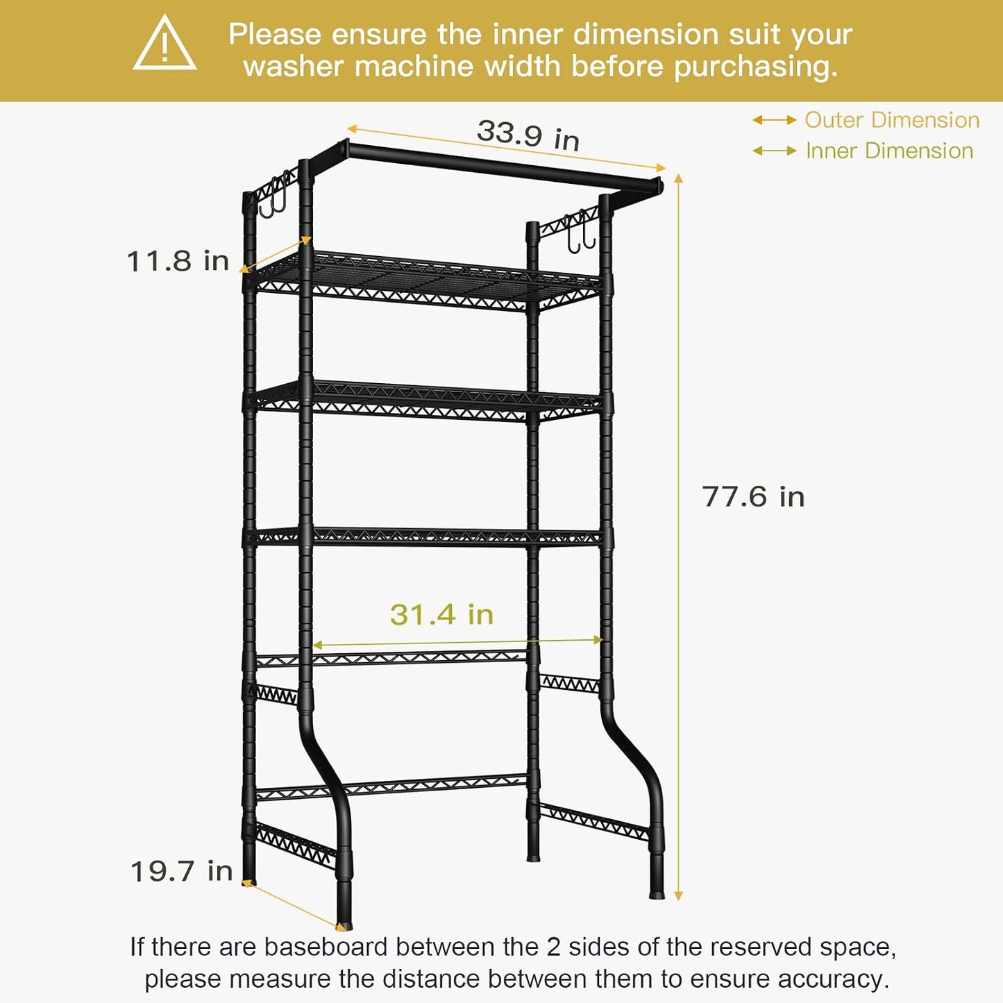 U11 Over Washer and Dryer Shelves, 3 Tiers Laundry Room Storage and Organizer Standing Shelf, Metal Freestanding Clothes Drying Rack, 33.9" W x 19.7" D x 77.6" H, Black
