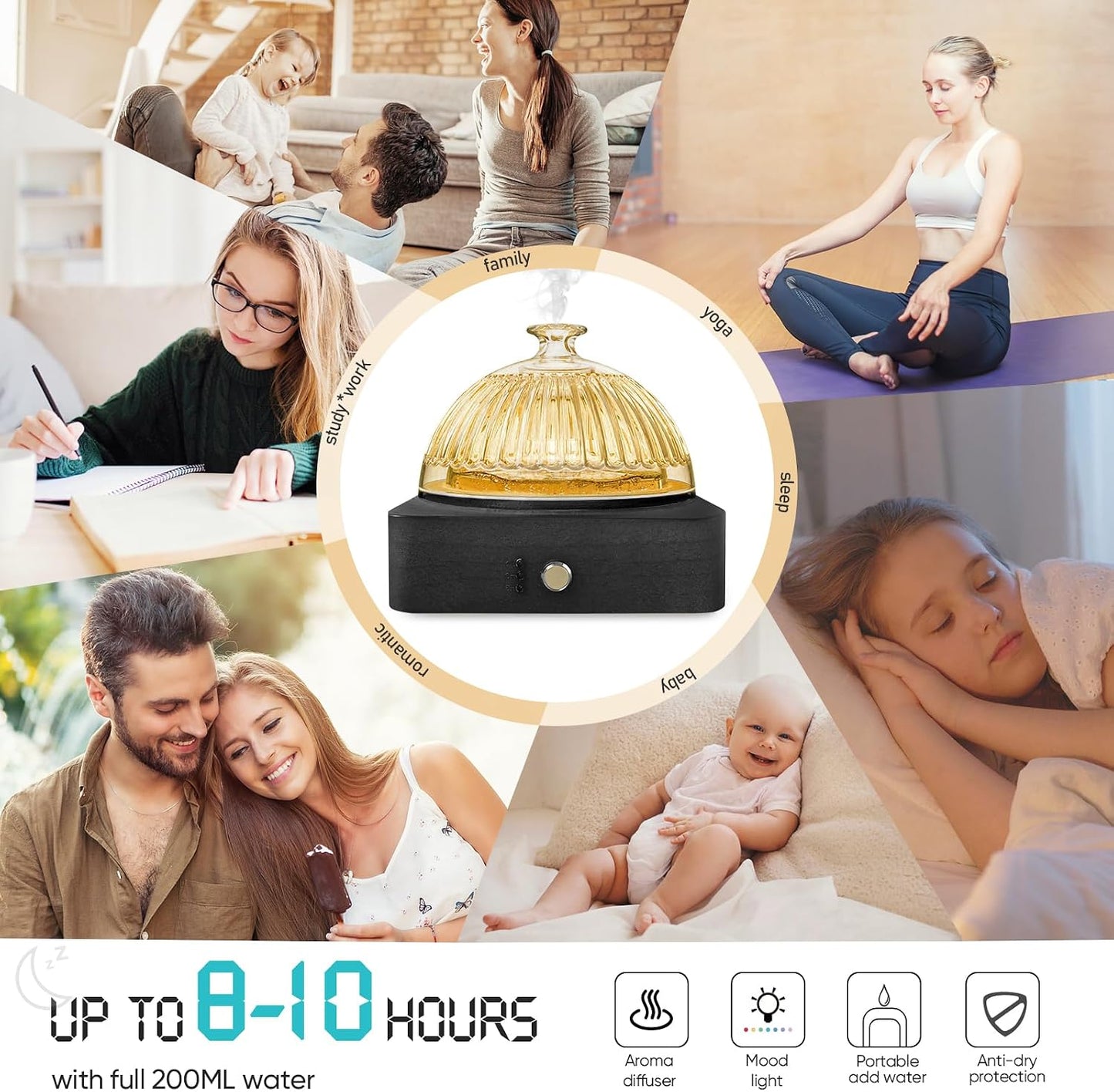 Glass Dome Essential Oil Diffuser with Glass Reservoir & Wood Base-No Plastic, 200ml Ultrasonic Diffuser for Aromatherapy with Timer 7 Color Light Auto-Off for Home Office Yoga Pilates