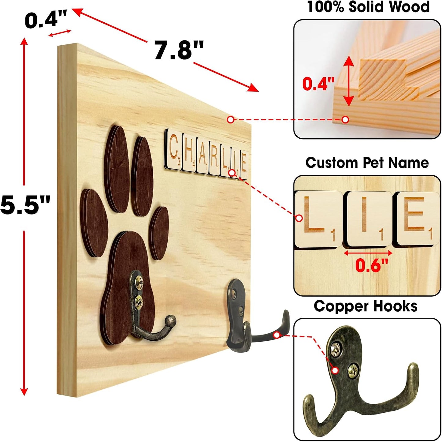 Dog Leash Holder Wall Mount, Pet Harness Hanger with Scrabble Letters, Dog Collar Organizer for Entryway, Memorial Cat Leash Holder for Wall, Pet Loss Gifts, Keepsake, Home Decor PF212-NAT