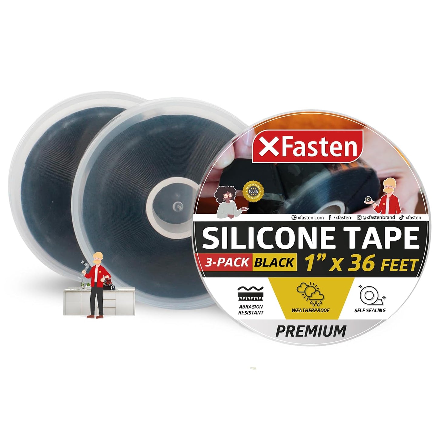 XFasten Self Fusing Silicone Tape Waterproof – 1" x 36 Feet Black, Self Amalgamating Tape, Silicone Rubber for Plumbing, Sealing Pipes, Hose Repair, Outdoor Coax and Electrical Cables – Weatherproof