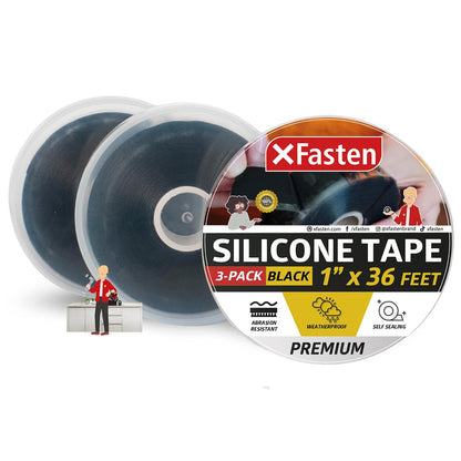 XFasten Self Fusing Silicone Tape Waterproof – 1" x 36 Feet Black, Self Amalgamating Tape, Silicone Rubber for Plumbing, Sealing Pipes, Hose Repair, Outdoor Coax and Electrical Cables – Weatherproof