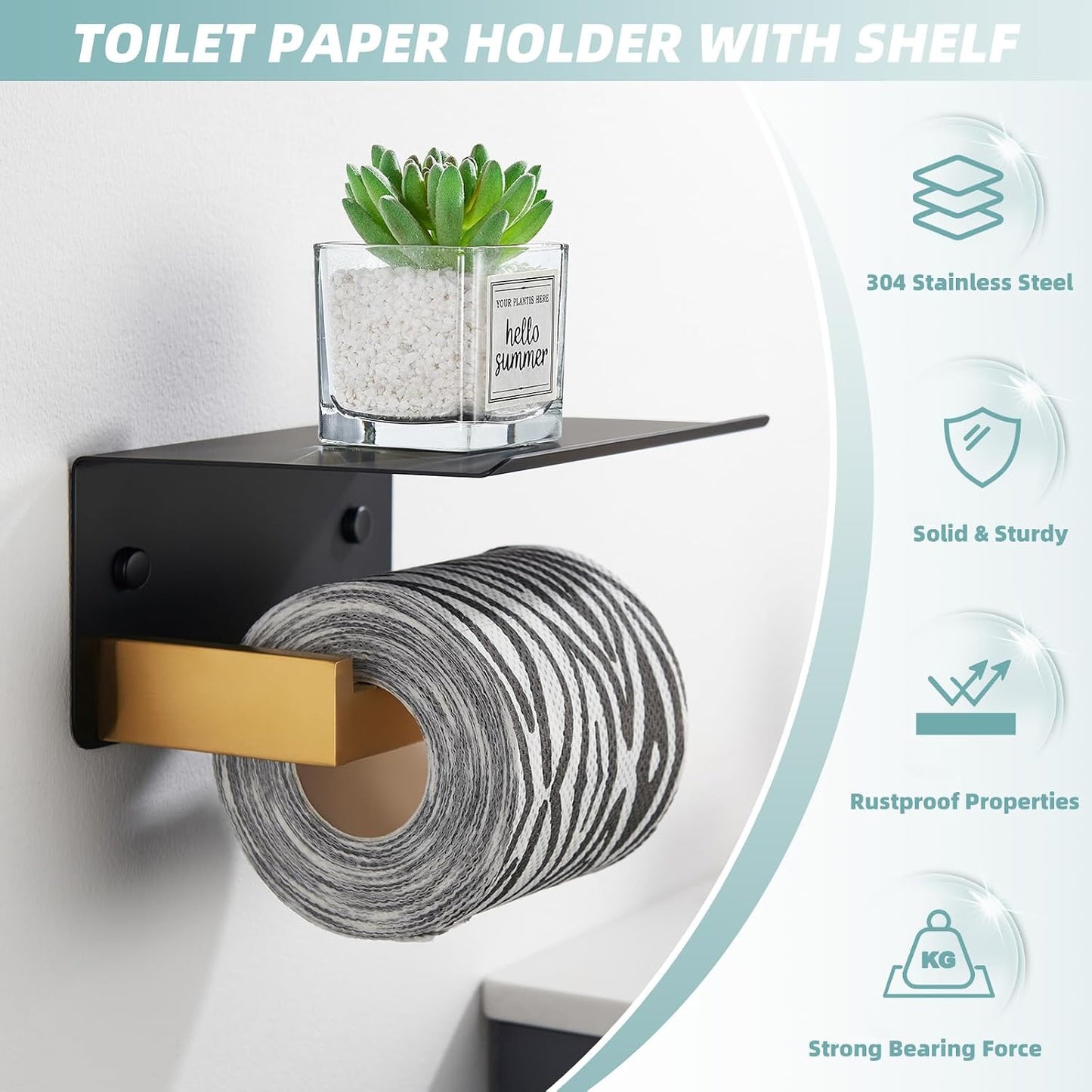 APLusee Matte Black Toilet Paper Holder with Storage Shelf, Wall Mounted | Rustproof 304 Stainless Steel, 2-in-1 Functional Toilet Paper and Phone Storage, Fits Bathroom, Restroom, Vanity, Kitchen