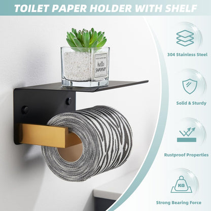 APLusee Matte Black Toilet Paper Holder with Storage Shelf, Wall Mounted | Rustproof 304 Stainless Steel, 2-in-1 Functional Toilet Paper and Phone Storage, Fits Bathroom, Restroom, Vanity, Kitchen