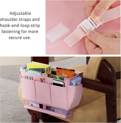 Bedside Caddy Bedside Organizer,Bed Caddy with 11 Pockets and Power Strip Holder,Versatile Bedside Storage Caddy for Home,Dorm,Bunk,Hospital,Crib Bed (Pink)