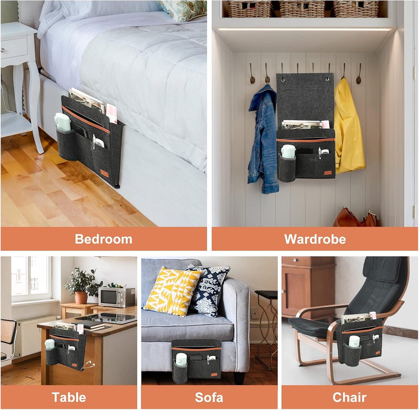 Surblue Bedside Caddy Felt Bedside Storage Organizer with Water Bottle Holder for TV Remote Control Phone Glasses Magazine 7 Pockets(Light Grey)
