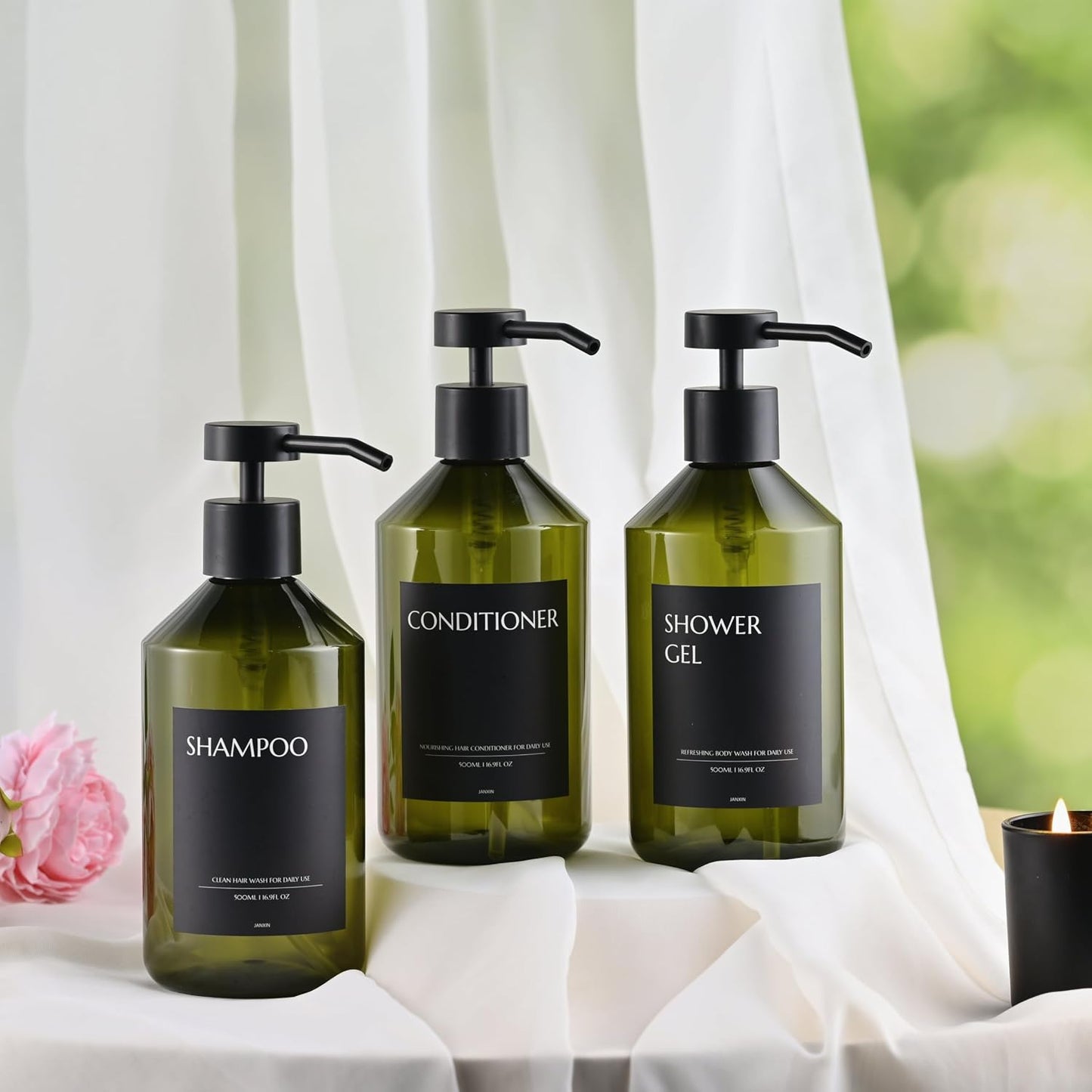 Shampoo and Conditioner Dispenser Set of 3 for Wall Mount | 16.9 fl oz Drill Free Shower Soap Bottles,Refillable Body Wash Dispensers for Bathroom Decor (Amber Bottles + Bamboo Pumps)