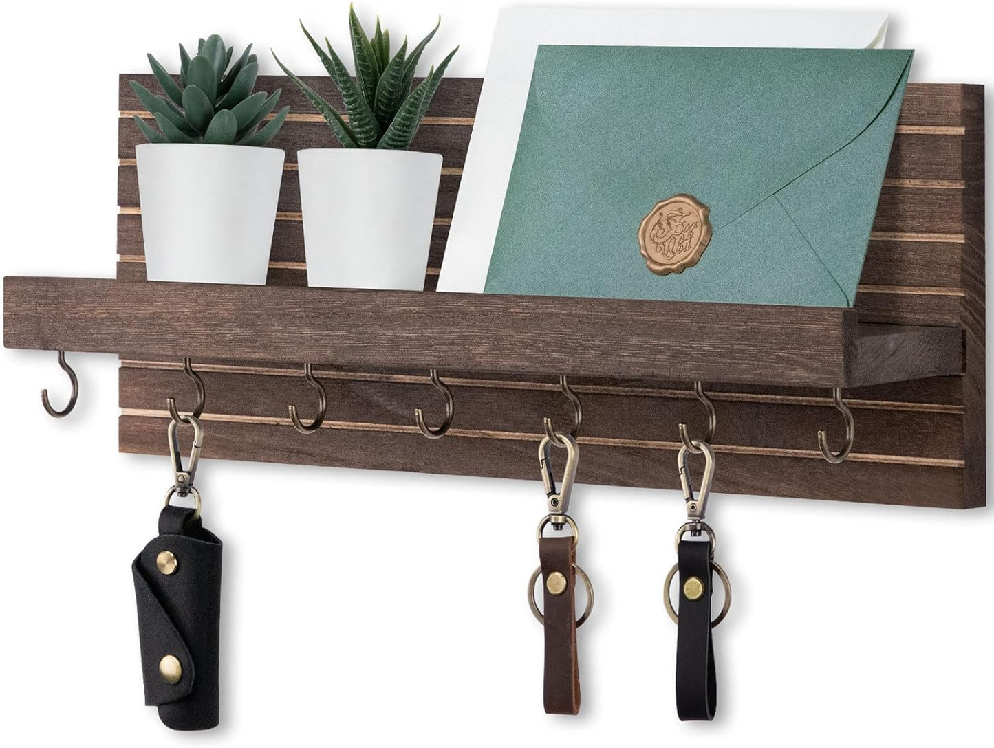 Lwenki Decorative Key Holder for Wall with Shelf, Entryway Shelf with Hooks Holds Leashes, Jackets and Glasses – Sturdy Wood Keyholder Entrance Hanger with Mounting Hardware (Black, Medium)