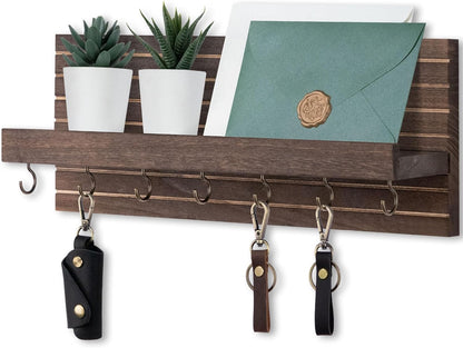 Lwenki Decorative Key Holder for Wall with Shelf, Entryway Shelf with Hooks Holds Leashes, Jackets and Glasses – Sturdy Wood Keyholder Entrance Hanger with Mounting Hardware (Black, Medium)