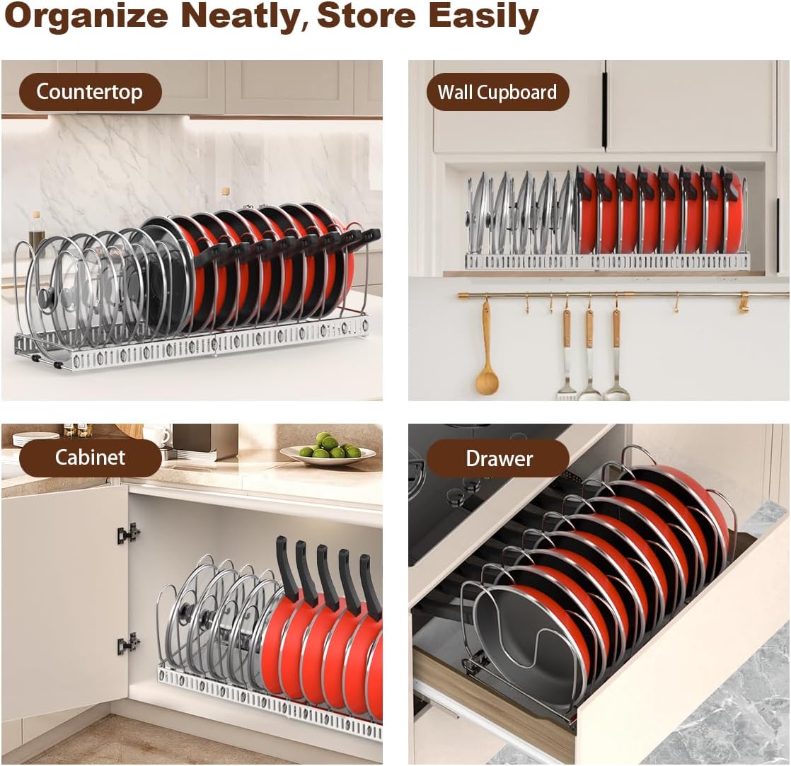 Housolution Pot and Pan Lid Organizer Holder Storage Rack, Black | 12"-23" Expandable, 14 Adjustable Dividers, Sturdy Metal Construction, Easy Assembly