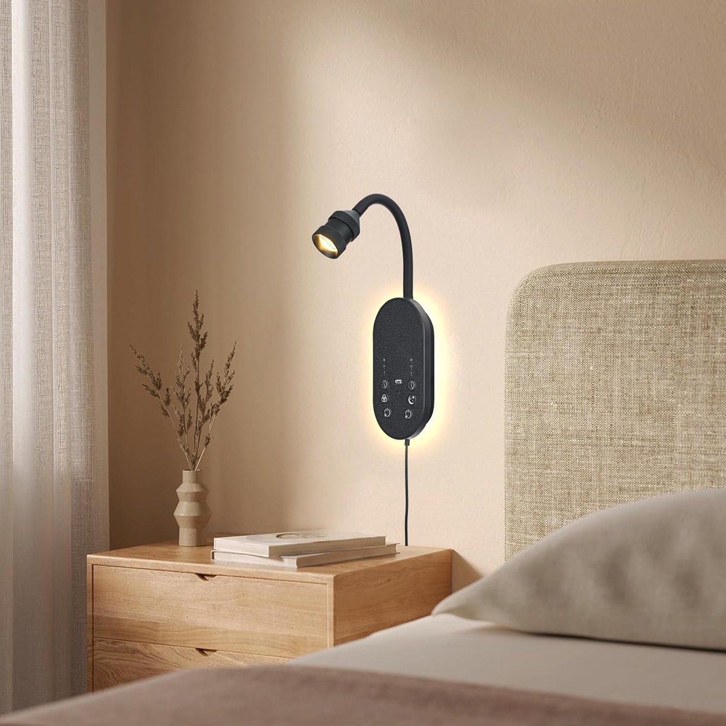 LED Wall Mounted Reading Light for Bed, Book Light for Reading with Touch Control, Stepless Dimmable, Flexible Gooseneck Bed Light with USB C+A, Night Light & Timers Function (White)