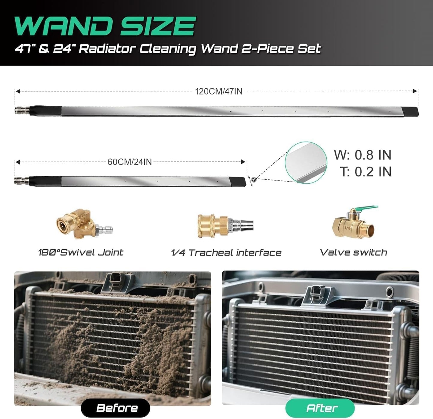24" Radiator Cleaning Wand 4500 PSI with Stainless Steel Dual Water/Air | for Cars & Trucks, Heavy Equipment Use, Pressure Washer Gun Adapter, Includes Tips, Dual Water & Air