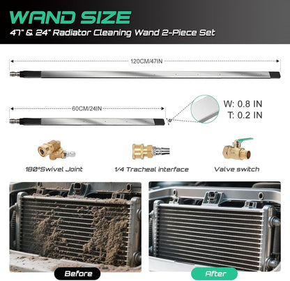 24" Radiator Cleaning Wand 4500 PSI with Stainless Steel Dual Water/Air | for Cars & Trucks, Heavy Equipment Use, Pressure Washer Gun Adapter, Includes Tips, Dual Water & Air