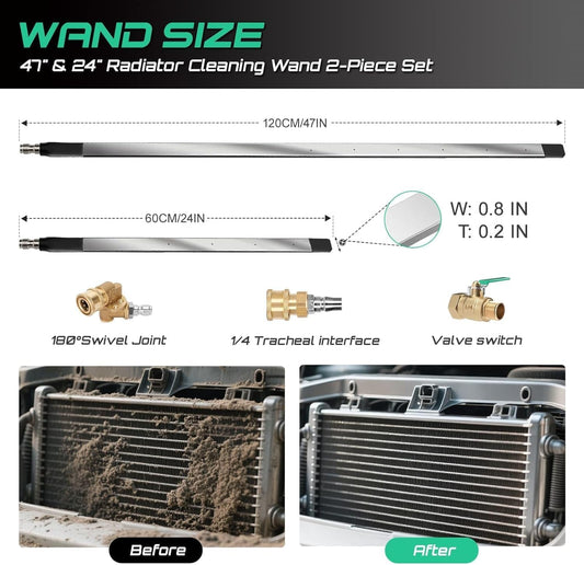 24" Radiator Cleaning Wand 4500 PSI with Stainless Steel Dual Water/Air | for Cars & Trucks, Heavy Equipment Use, Pressure Washer Gun Adapter, Includes Tips, Dual Water & Air