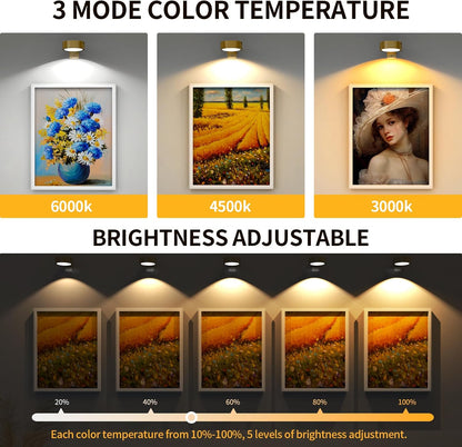 3 Pack Picture Lights for Wall, Rechargeable Battery Operated wall lights, Picture Frame lights with 3 Lighting Modes, Wireless Magnetic Painting Light with Remote Control Timer (White, 3 Pack)