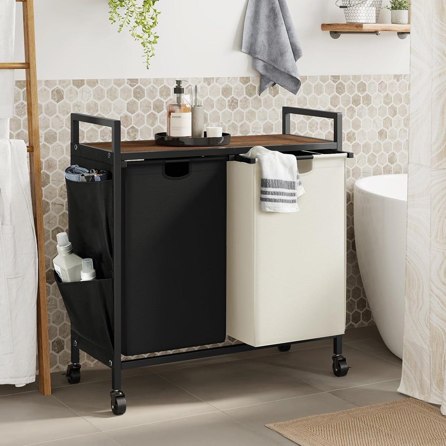 WOWLIVE Double Laundry Hamper with Wheels, Rolling Laundry Basket Organizer | Laundry Hamper 2 section with Lid, Iron-Made Laundry Sorter with Shelf, Removable Bags, Large Clothes Storage, White