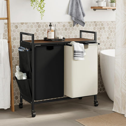 WOWLIVE Double Laundry Hamper with Wheels, Rolling Laundry Basket Organizer | Laundry Hamper 2 section with Lid, Iron-Made Laundry Sorter with Shelf, Removable Bags, Large Clothes Storage, White