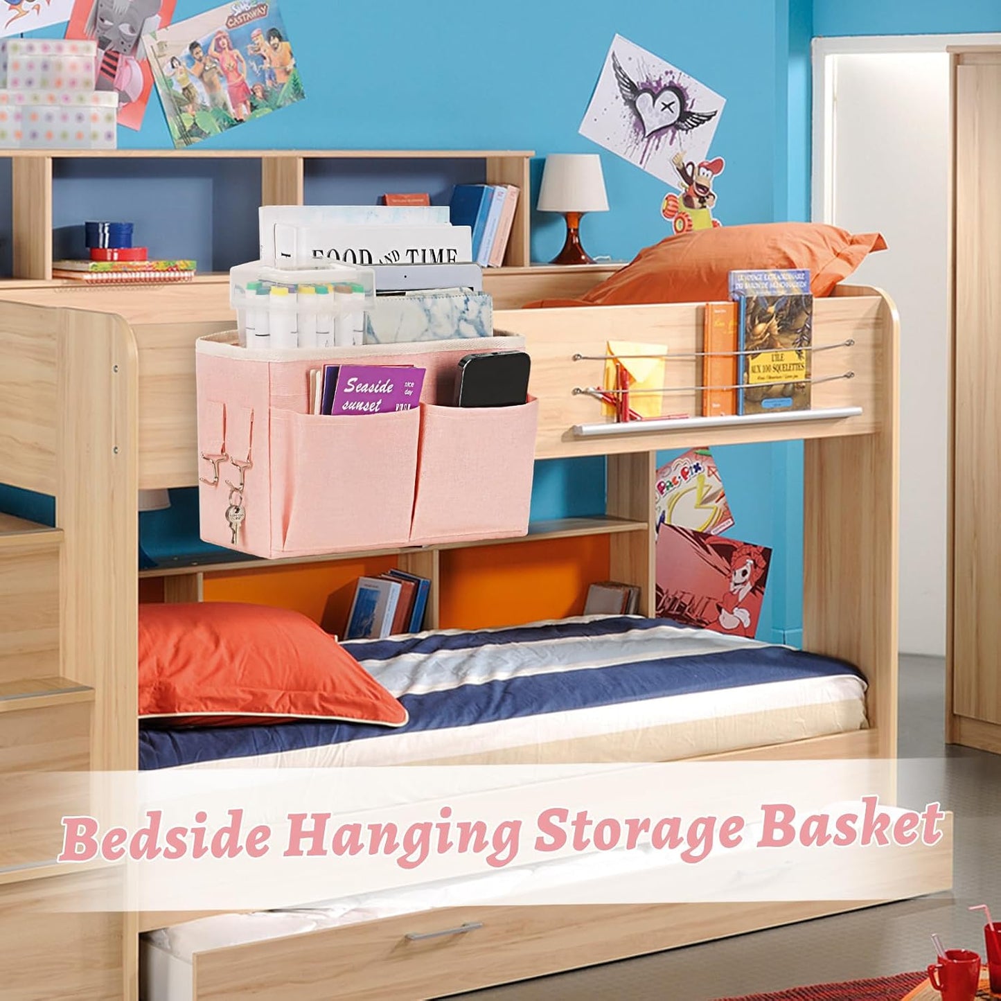 Bedside Caddy Storage with Water Bottle Holder for Bunk Bed Pink | Hanging Bedside Organizer for Hospital Bed Dorm Rooms