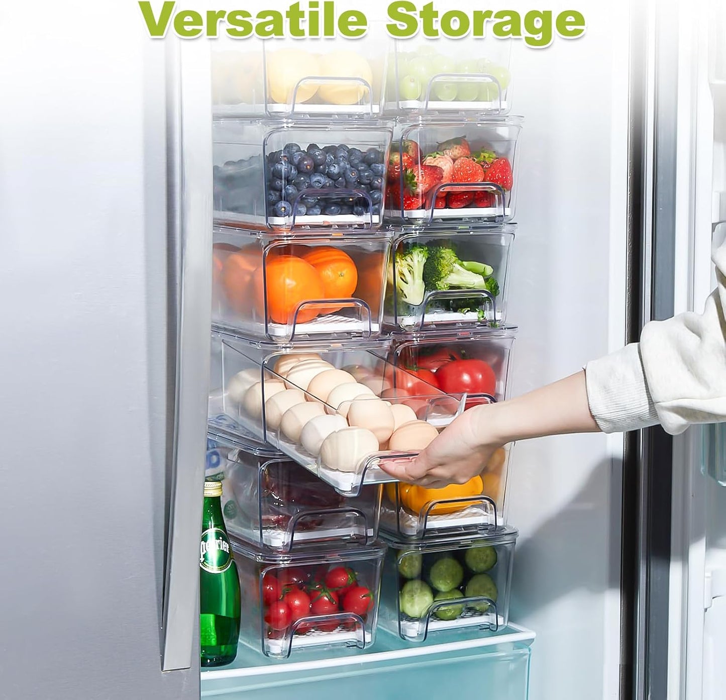 4-Pack Refrigerator Drawer Organizer Bins, Clear Stackable Pull Out Fridge Organizers and Storage Container, with Strainer Layer for Fruits, Vegetables, Drinks, Snack and Food