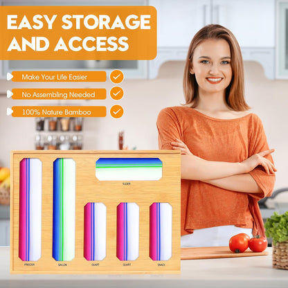 9 in 1 Foil and Plastic Wrap Dispenser with Cutter, Black Bamboo Ziplock Bag Organizer for Drawer - Holds Gallon, Quart Bags & Aluminum Foil/Wax Paper, Wall Mountable Kitchen Storage
