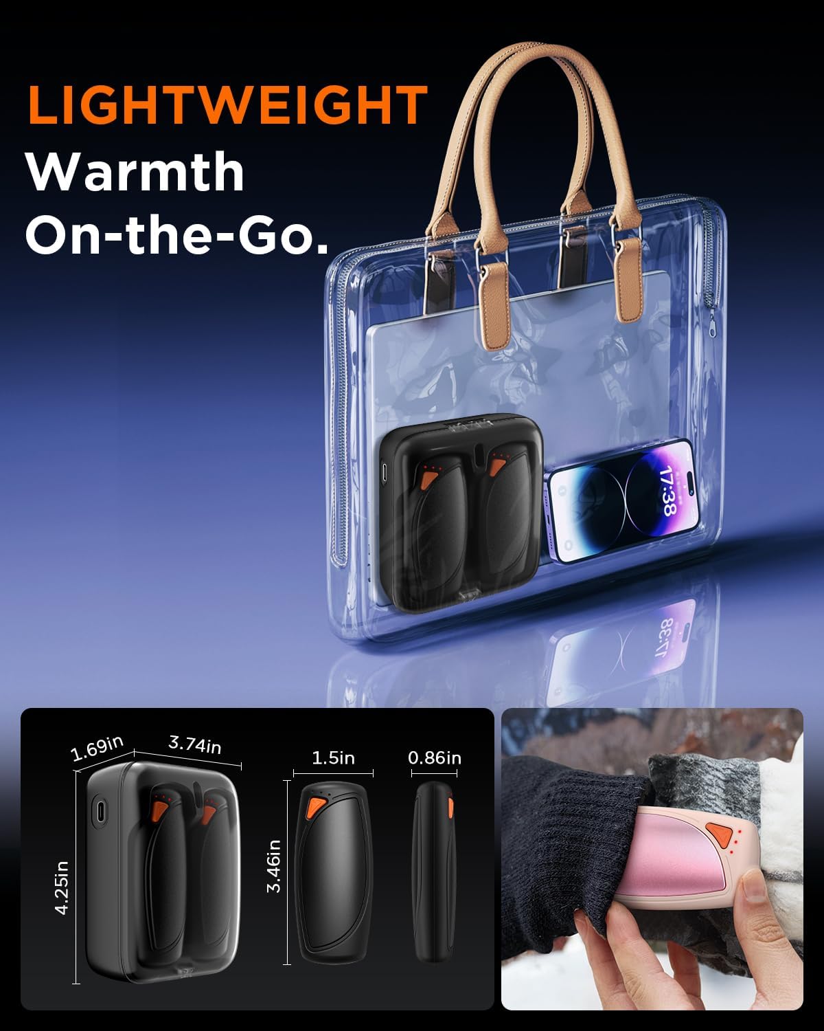 Hand Warmers Rechargeable with Charge Case, 2 Packs 14,000mAh Electric Hand Warmer Battery Powered Dual Sided Reusable Long Battery Life Portable Pocket Heater Gifts for Men Women Golf, Hunting Gear
