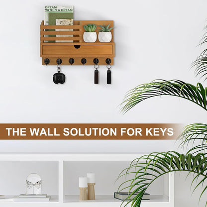 Key Holder Wall Mount, Mail Holder with Storage Drawer | Key and Mail Holder with 5 Key Hooks for Coat, Dog Leash, Home Decor Rack, House Accessories, Entry Way Organizer