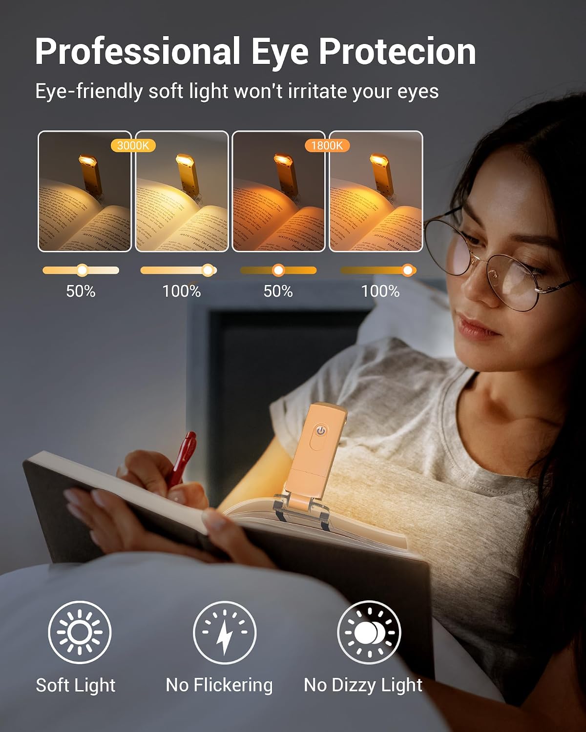 DEWENWILS USB Rechargeable Book Reading Light, LED Clip on Booklight Green | Blue Light Blocking, Amber & Warm White, Flexible Lighting Angle, Compact & Lightweight for Plane, Train, Car Traveling