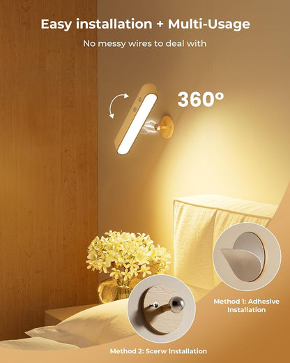 PopoIron Rechargeable LED Wall Sconces Set of Two,Wall Lights for Bedroom with Remote Control and Touch,360° Magnetic Rotation,3 Colors Dimmable Brightness Wood Wall Lamps with 15 RGB Colors,2 Pack