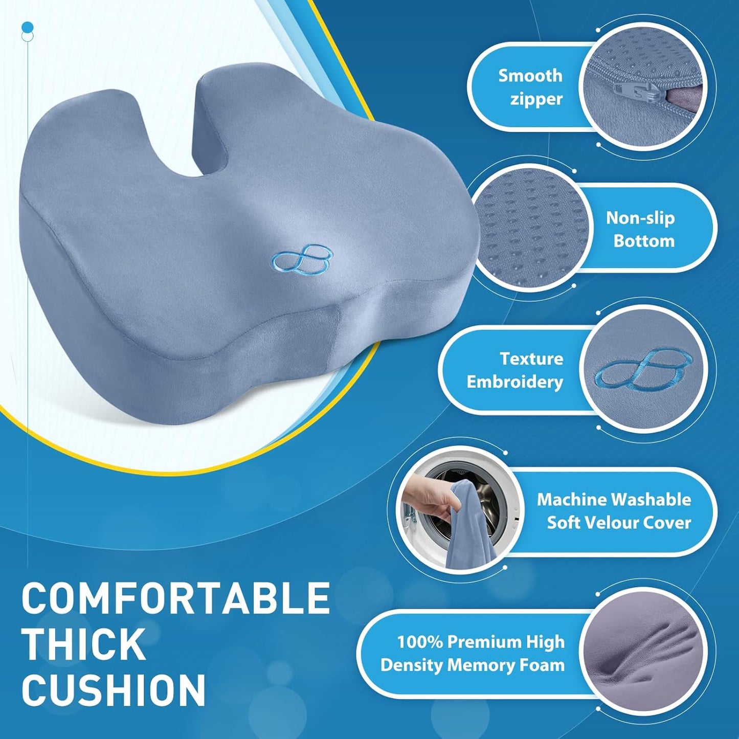 BlissTrends Memory Foam Seat Cushion for Office Chair & Car Seat, Black | 4.7in Ergonomic Tailbone & Sciatica Support with Removable Velvet Cover for Pressure Relief and Long Sitting Comfort