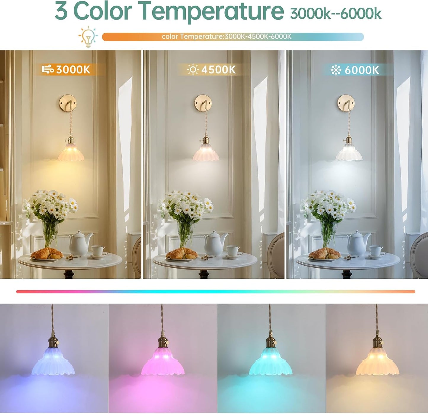 Shenmoyl Battery Operated Wall Sconce Wall Lamp with Green Lily of the Valley Shade Pattern Glass Adjustable Chain Retro Gold Wall Mounted Light, Modern Wall Lamp Fixtures Decor for Bedside Bedroom