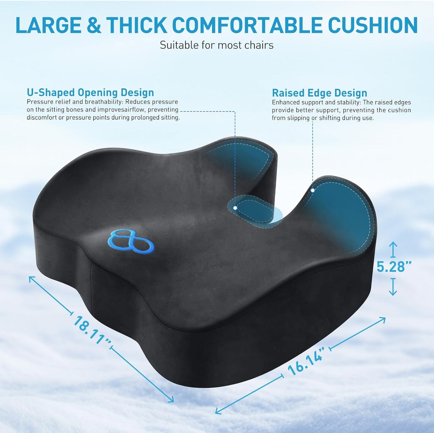 BlissTrends Memory Foam Seat Cushion for Office Chair & Car Seat, Black | 4.7in Ergonomic Tailbone & Sciatica Support with Removable Velvet Cover for Pressure Relief and Long Sitting Comfort