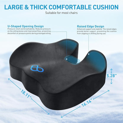 BlissTrends Memory Foam Seat Cushion for Office Chair & Car Seat, Black | 4.7in Ergonomic Tailbone & Sciatica Support with Removable Velvet Cover for Pressure Relief and Long Sitting Comfort