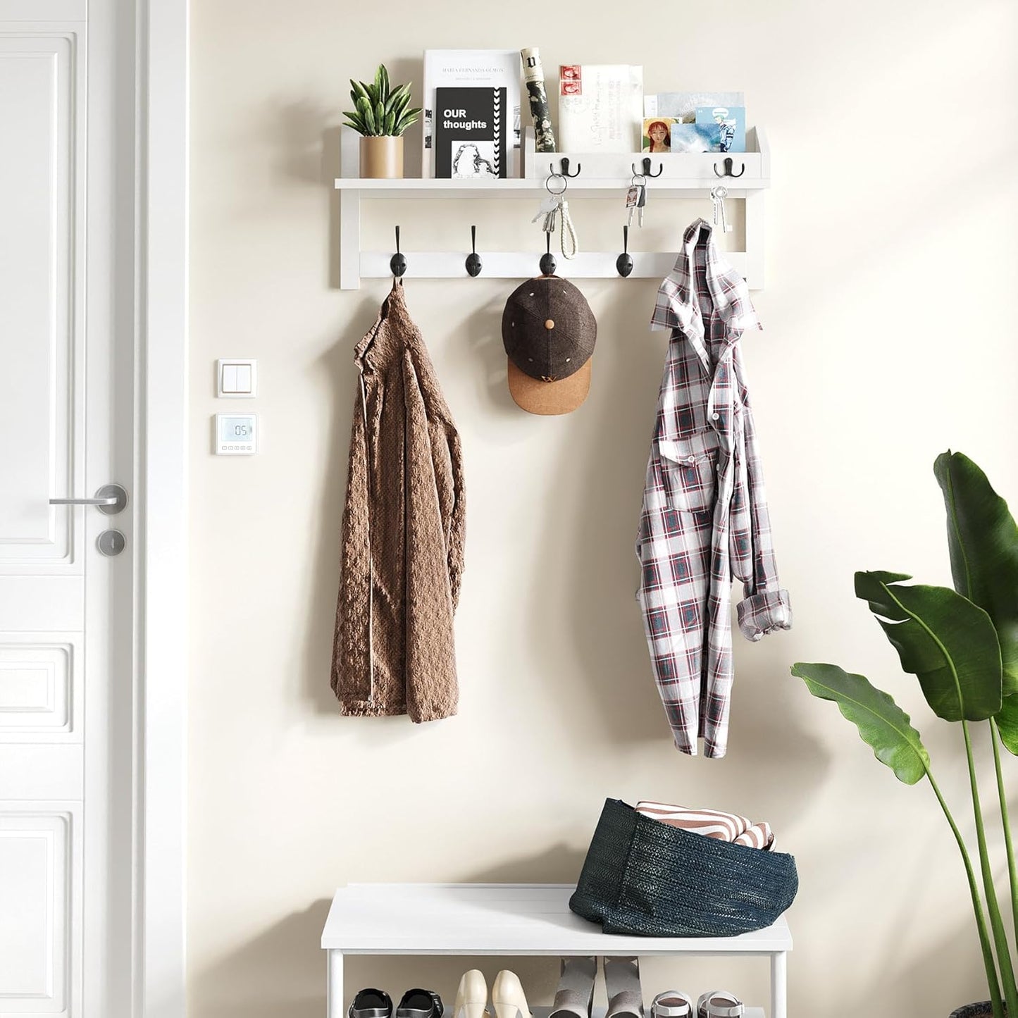 AMBIRD Wall Hooks with Shelf, 26.57 Inch Entryway Wood Coat Hooks for Wall with Shelf, Coat Rack Wall Mount with 5 Dual Hooks 3 Key Hooks Mail Organizer and Key Rack Holder (Brown)