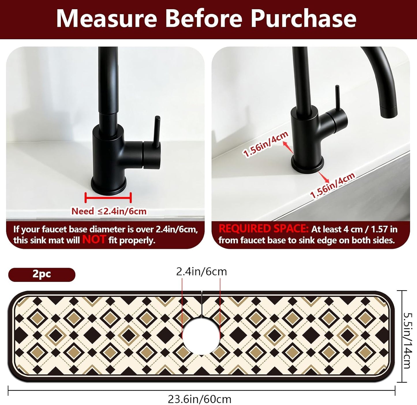 2 Pcs Kitchen Sink Splash Guard Faucet Mat Wood Grain Pattern Faucet Mat for Sinks Natural Wood Color Absorbing Drying Mats for Kitchen Bathroom, 23.6x5.5inch