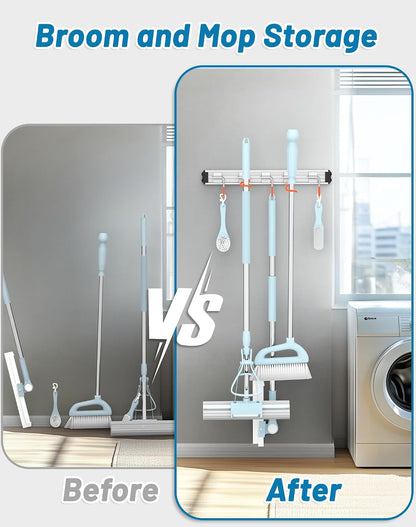 Mop and Broom Holder Wall Mount Garden Tool Rack Organizer | Modern Style, Movable Aluminum Alloy Wall Mounted Hook, Storage Gift for Bathroom, Closet, Laundry Room, Garage, Tool Room