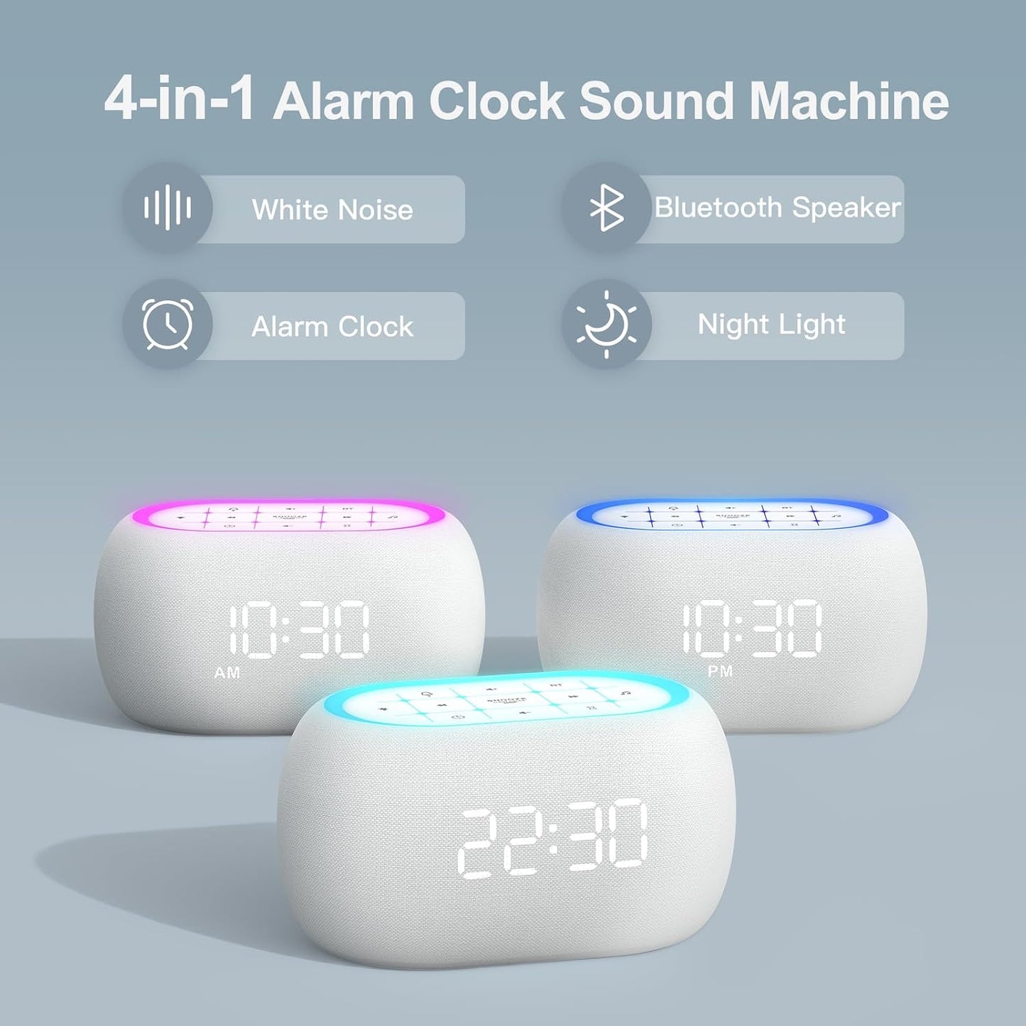 ANJANK White Noise Sound Machine Alarm Clock with Hi-Fi Bluetooth Speaker, 21 Soothing Sounds/7 Night Lights, 0-100% Dimmer/Sleep Timer/Volume Control, Soother for Adults Kids Sleeping, Bedroom, White