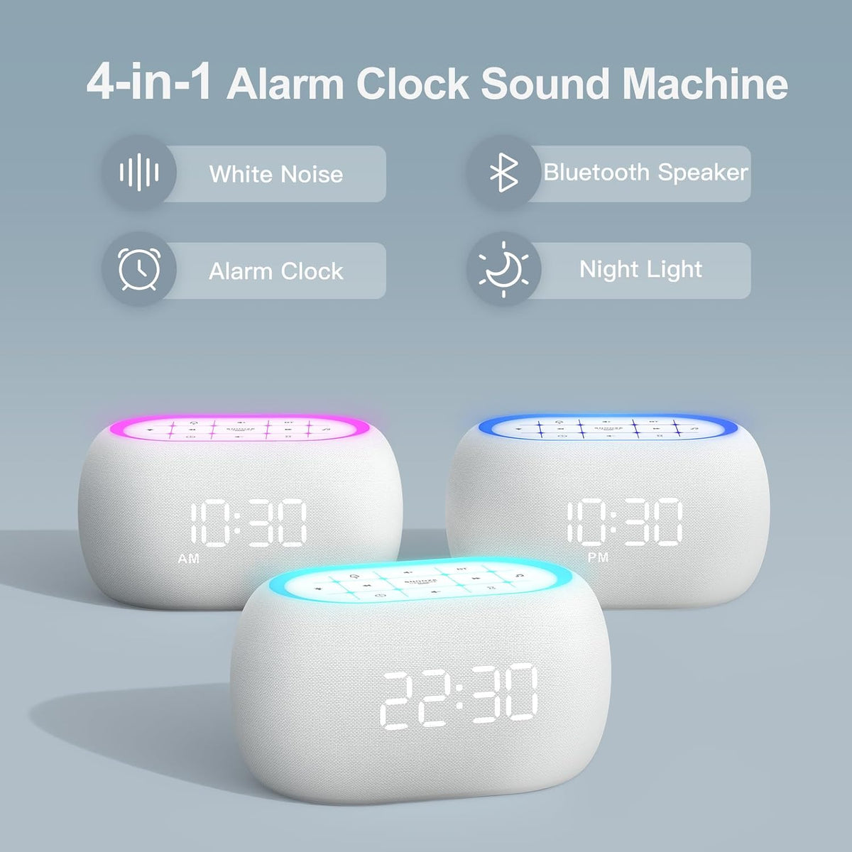ANJANK White Noise Sound Machine Alarm Clock with Hi-Fi Bluetooth Speaker, 21 Soothing Sounds/7 Night Lights, 0-100% Dimmer/Sleep Timer/Volume Control, Soother for Adults Kids Sleeping, Bedroom, White