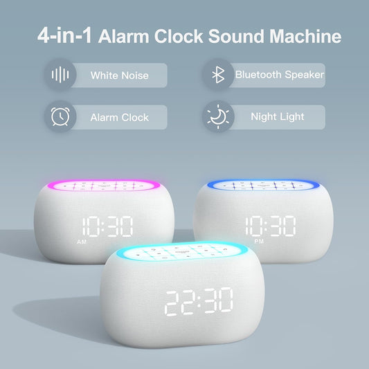 ANJANK White Noise Sound Machine Alarm Clock with Hi-Fi Bluetooth Speaker, 21 Soothing Sounds/7 Night Lights, 0-100% Dimmer/Sleep Timer/Volume Control, Soother for Adults Kids Sleeping, Bedroom, White